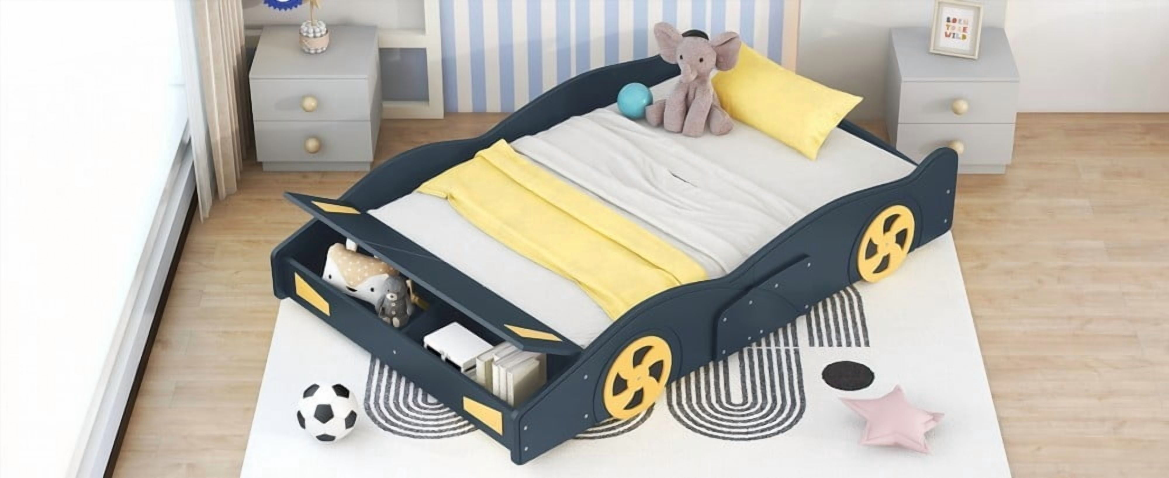 Full Size Race Car Bed with Storage & Wheels - Dark Blue+Yellow