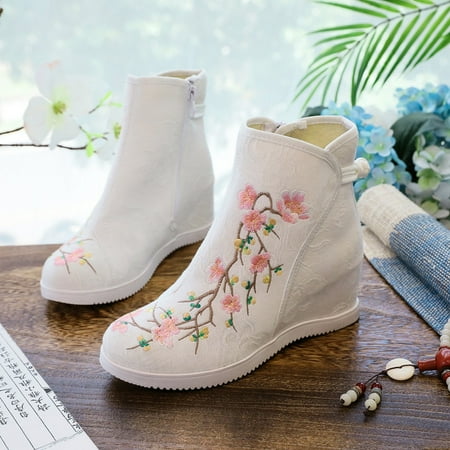

Woman Casual Shoes Vintage Canvas Lady Embroidered Zipper Shoes Chinese Style Wedge Platform Shoes Hanfu Ancient Boots Women (Cotton 1806-08 white 7(CN39))
