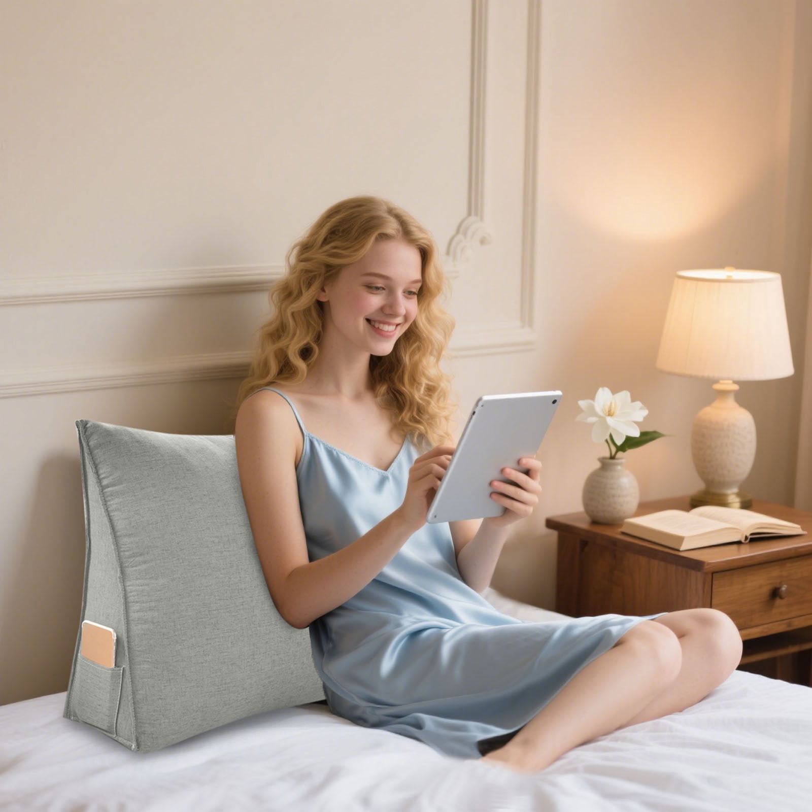 Triangular Back Support Pillow - Large Wedge Bolster Cushion for Reading in Bed & Sofa - Lumbar Neck Support with Removable Cover - Office Chair & Daybed Pillow