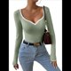 thumbnail image 2 of Camiseta de Larga con Escote Corazón para Mujer, de Punto Acanalado y Ribete en Contraste. Verde M, 2 of 8