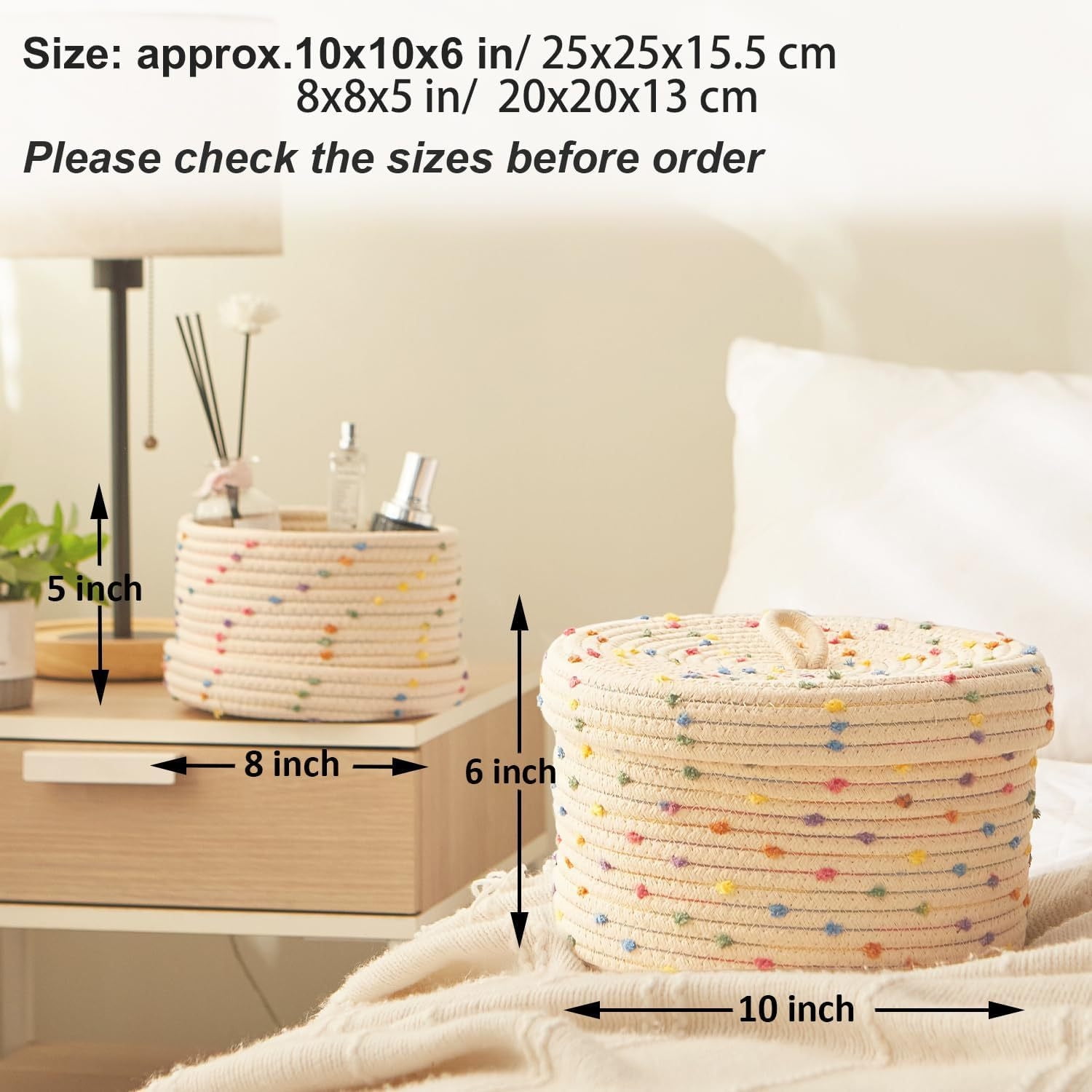 ZWHong 2-Pack Small Rope Basket with Lid, 10&8 Inch Round Woven Storage Baskets Set with Colorful Rainbow Pompom, 100% Natural Cotton Decorative Organizer for Home, Toys, Nursery