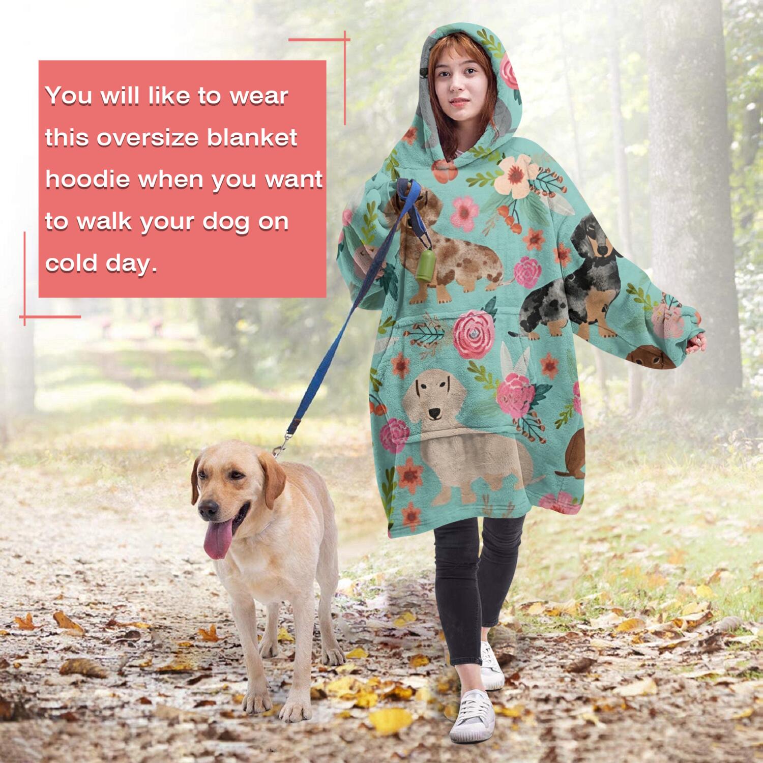 Dachshund and Flower Wearable Oversized Blanket,Wearable Blanket Hoodie for Adults,Cozy Hooded Blankets with Super Pockets,Super Warm Fuzzy Pullover for Women & Men