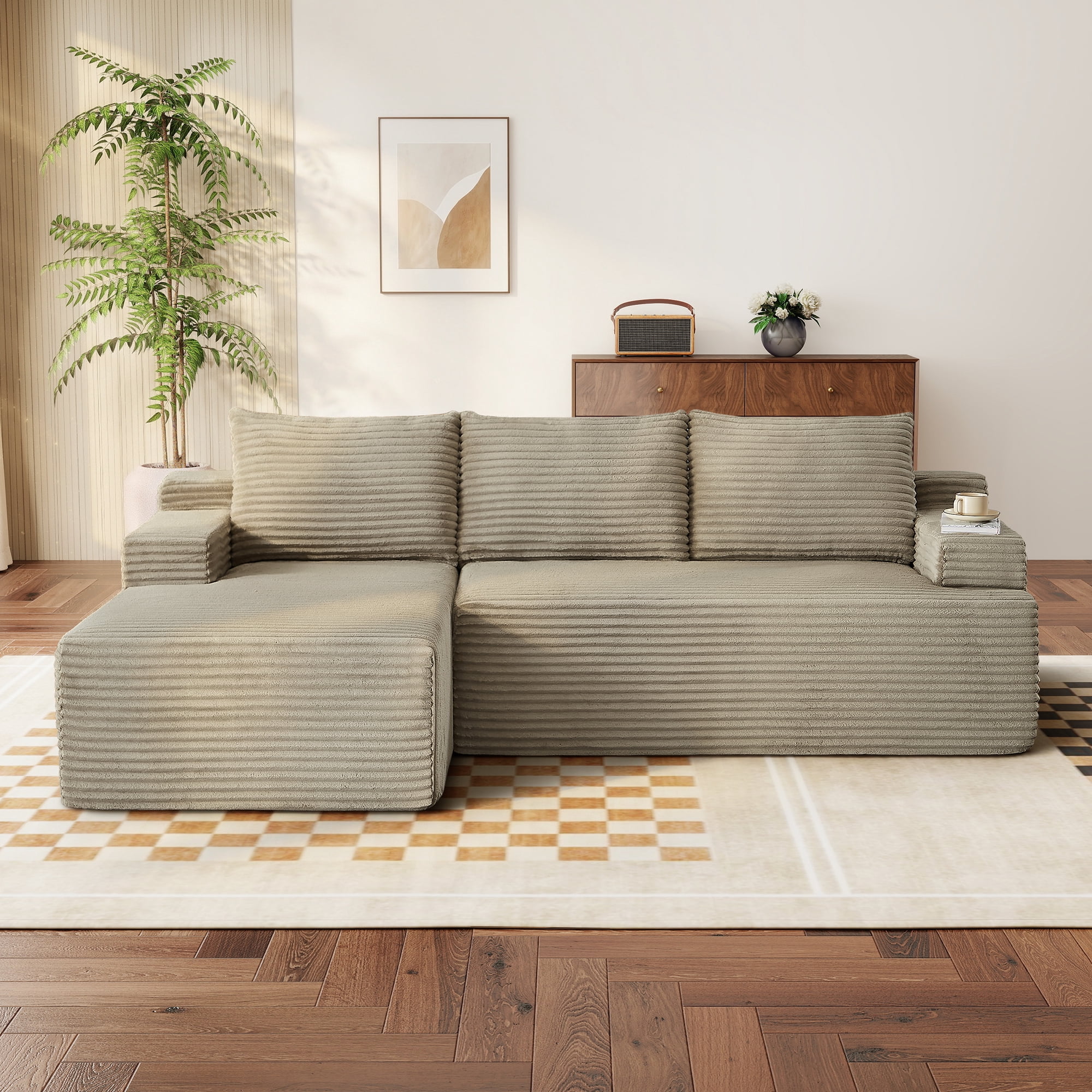 Aukfa 96" L-Shaped Cloud Sectional Sofa, Modular Boneless Couch with Deep Seat, Left-Facing Chaise, Corduroy Sleeper Sofa for Living Room, Camel