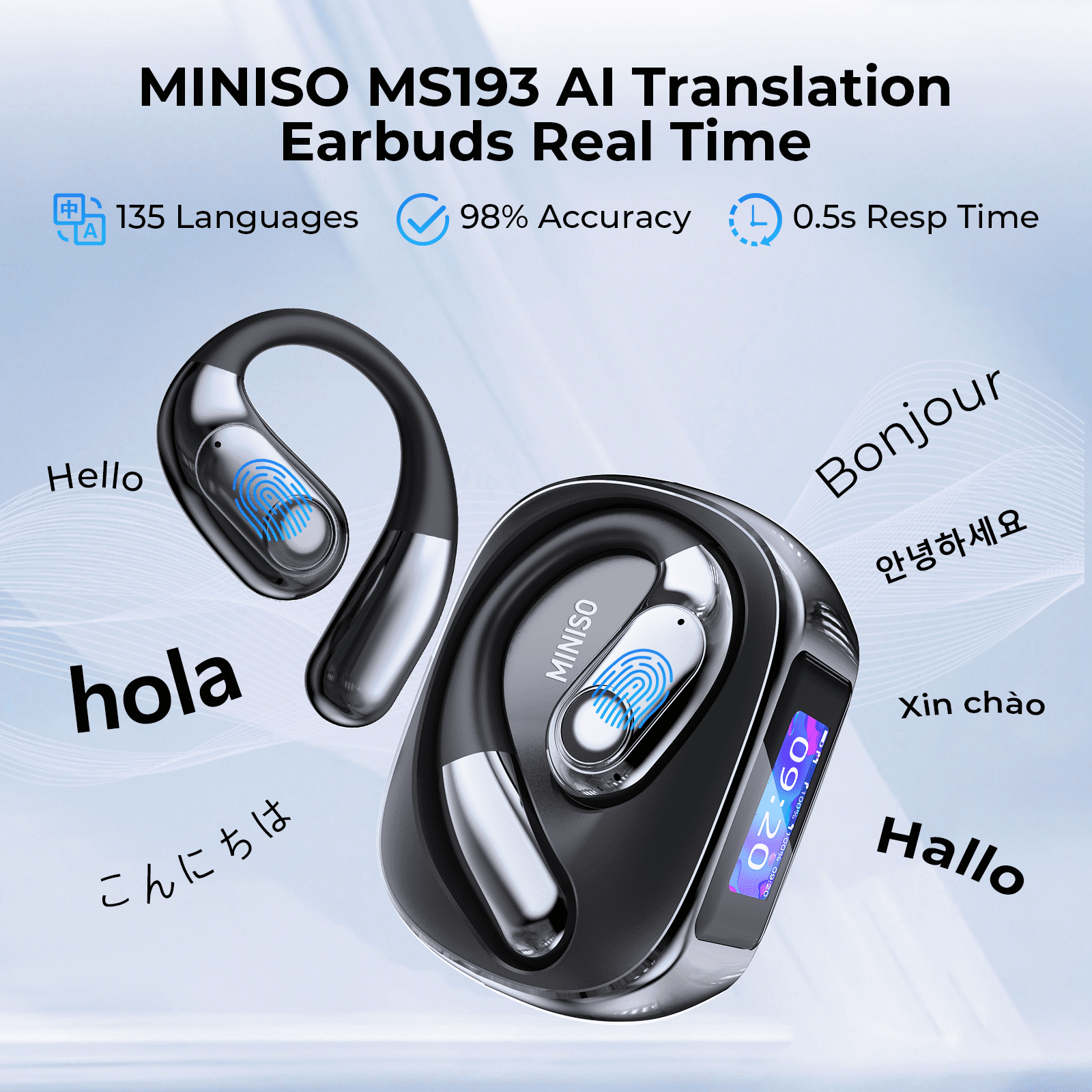MINISO MS193 Open Ear Earbuds Wireless Earbuds Real Time AI Translation Earbuds 135 Language Translator with LED multi-function Display