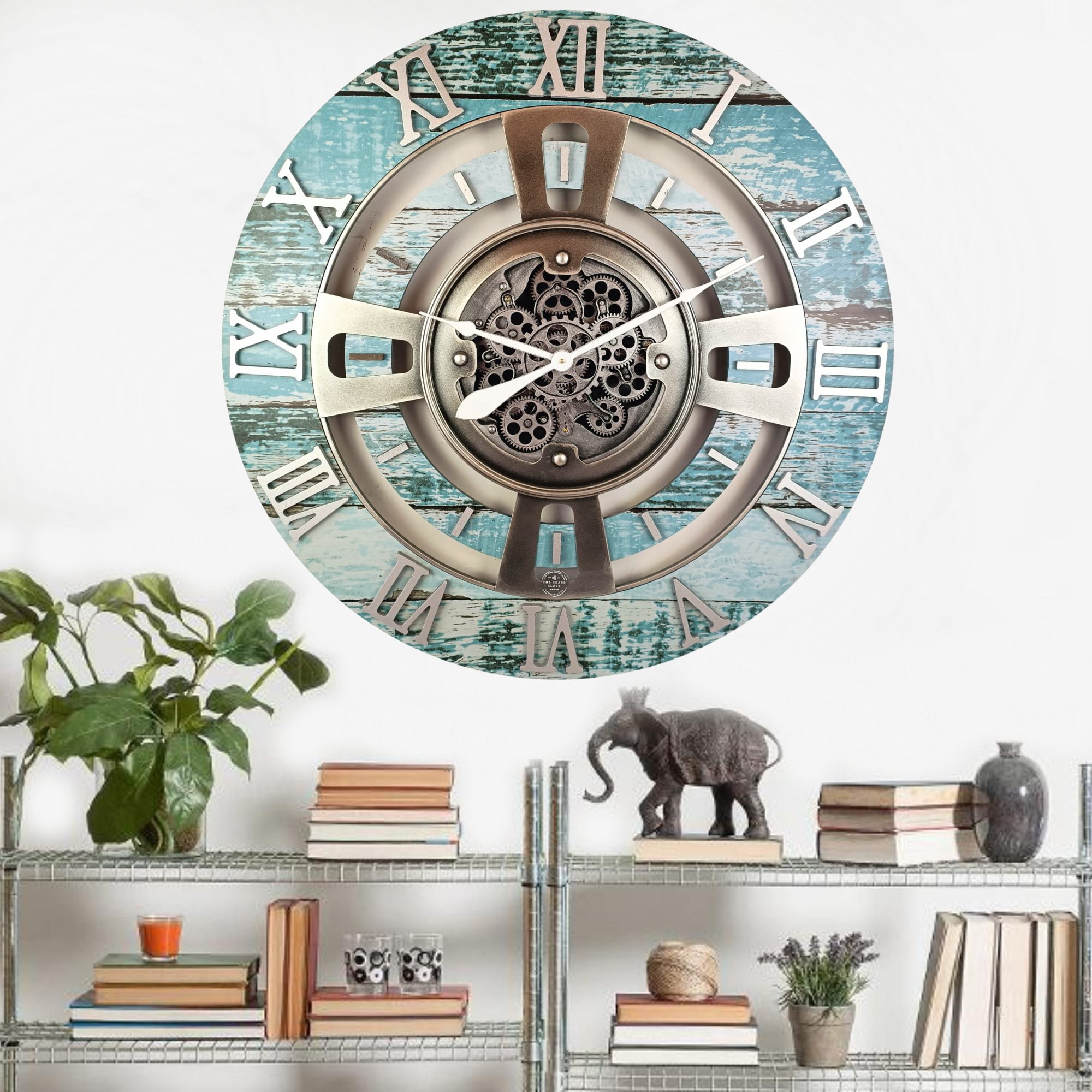 THE GEARS CLOCK Wall Clock with Real Moving Gears EN-LI_ 24 in Round Aqua-Green