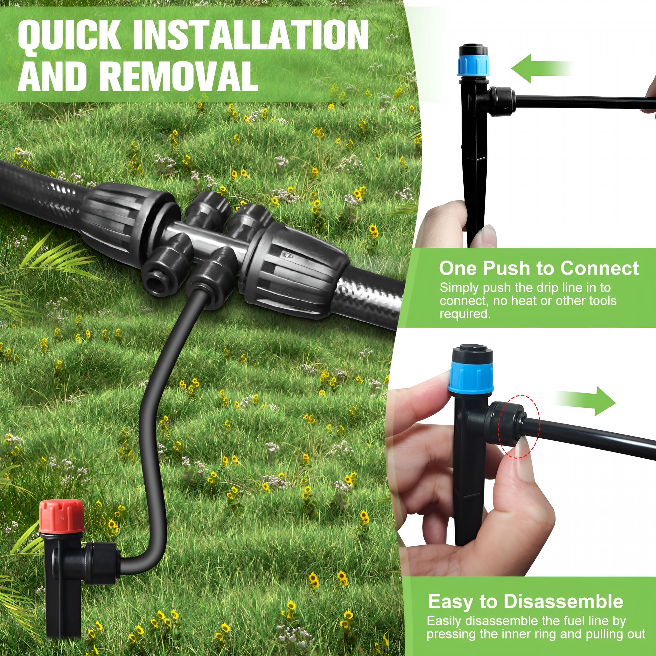 HIBIBUD Drip Irrigation System for Garden with 40 Nozzles&Emitters,Garden Watering System with Tube and Barbed Fittings-Adjustable Sprinklers Kit