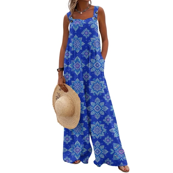 JULMCOMO Jumpsuits for Women Boho Floral Print Square Neck Vintage Summer Rompers Wide Leg Loose Fit Casual Jumpsuits with Pockets Blue 2XL