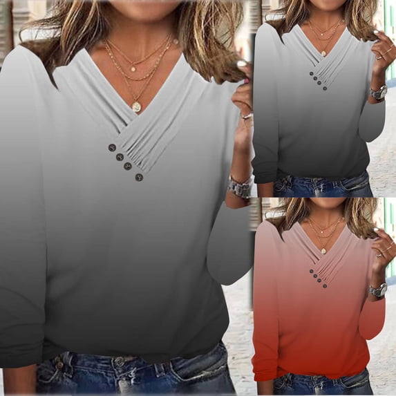 qolati Plus Size Tops for Women 2023 Casual Ruched Button V Neck Long Sleeved Tees Shirts Loose Fit Basic Solid Color Dressy Tunic Blouse Fall Clothes