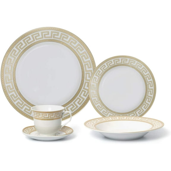 Joseph Seigh GP1347-20G, 20 PCs Fine Porcelain Dinnerware Set, Tableware Set with Antique Greek Pattern, Set of 20