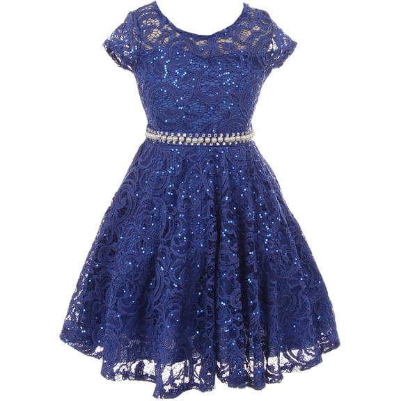 Big Girls' Short Sleeve Lace Glitter Skater Pearl Belt Special Occasion Flower Girl Dress Royal 10 (J21KS02)