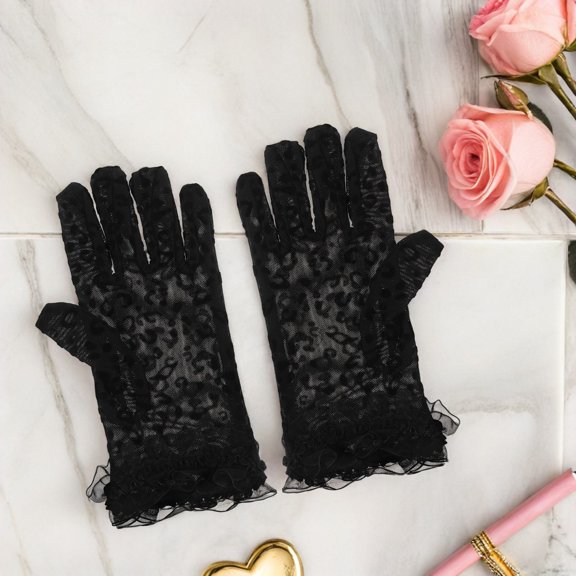 Vosarea 2Pcs Elegant Black Mesh Gloves with Leopard Design for Tea Party and Evening Wear