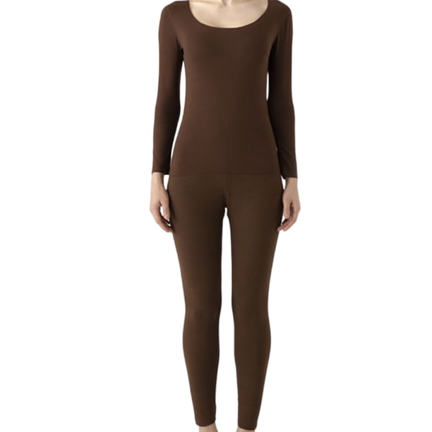 Minnieouse Conjunto de ropa interior de Color sólido de calzoncillos largos para mujer, traje de capa base térmica, ropa de dormir con cuello , Ropa interior Café oscuro