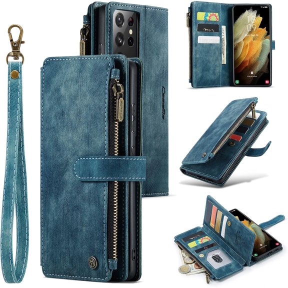 Wallet Case for Samsung Galaxy S21 Ultra 5G, Premium Handmade PU Leather Phone Case Card Slots Magnetic Closure Zipper Pocket Kickstand Flip Case with Hand Strap - Vintage Blue