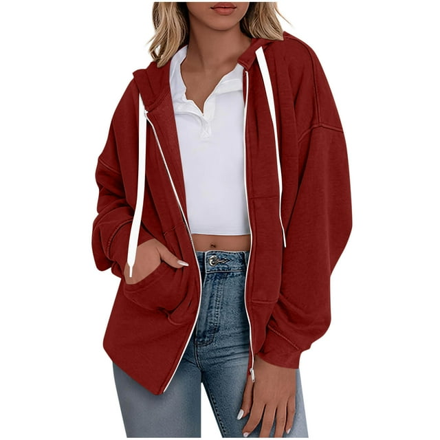 MXUIKV Zip up Jackets for Women Long Sleeve Hooded Drawstring Fleece Jackets for Women Solid Color