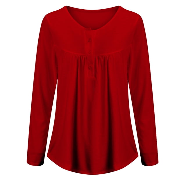 DYMADE Women's Solid Henley V-Neck Blouse Pleated Button Tunic Shirt Top