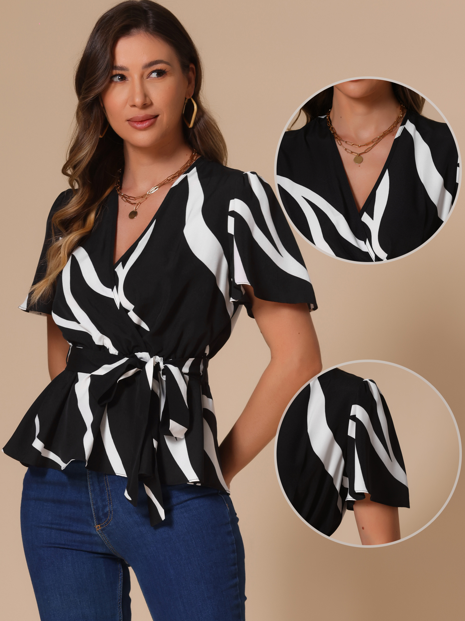 DARING DIVA Women's Flutter Sleeves Elastic Waist Belt Wrap V Neck Blouse XL Black