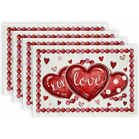 Valentine''s Day Placemats 12x18 Inch, Hearts XOXO Love Farmhouse Holiday Kitchen Dining Table Decoration for Indoor Outdoor Dinner Party Décor (White) GP102-18