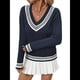 thumbnail image 3 of Suéteres Holgados con Cuello en V para Mujer, Jersey de Punto de Larga, Suéter Grueso A Rayas, Blusas Casuales Tipo Túnica. Azul Marino S, 3 of 10