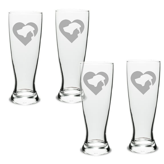 Cat Dog Heart Deep Etched University Beer Pilsner Glass Set of 4