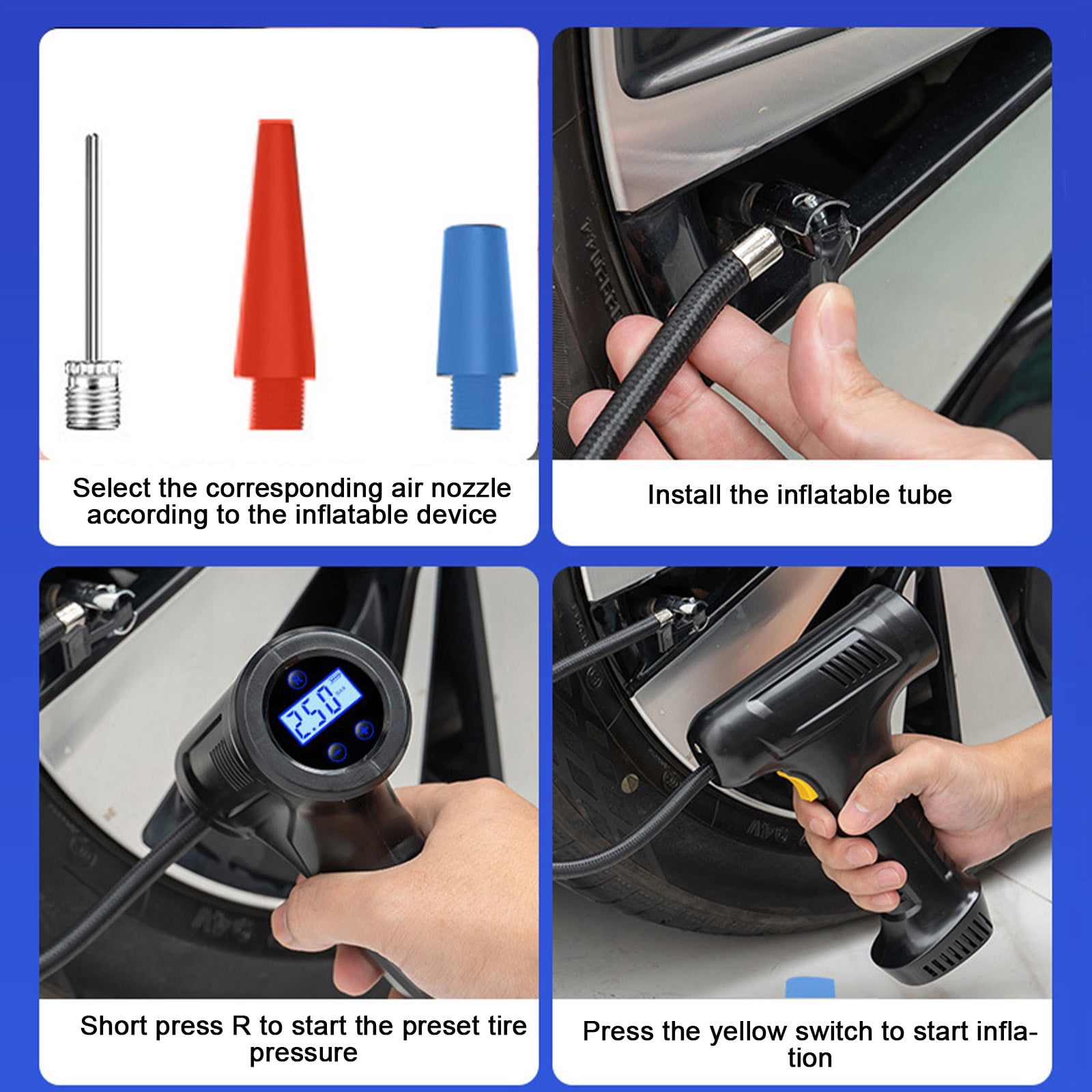 150PSI Tire Inflator Portable Air Compressor for Car Tires, 12V Auto Tire Pump with Digital Pressure Gauge, Emergency LED Light, Fast Inflation for Cars and Motorcycles