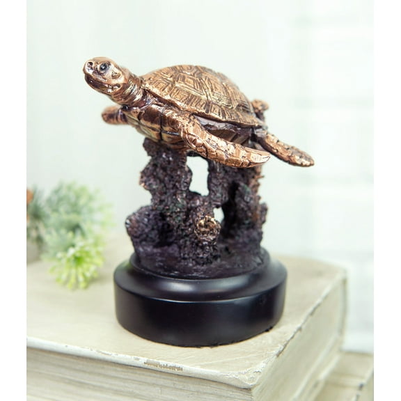 Marine Sea Turtle Swimming By Coral Reef Electroplated Bronze Resin Figurine
