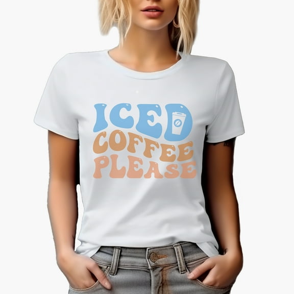 Iced Coffee Please, Groovy Retro Wavy Text Merch Gift, White T-Shirt, Small