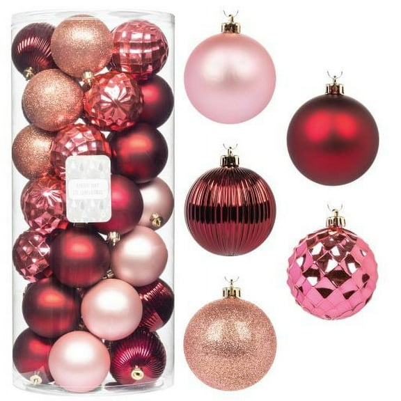 Every Day is Christmas Ornaments 35ct 70mm Christmas Ornaments, Shatterproof Christmas Tree Ornaments Set, Christmas Balls Decoration (Pink Rose)