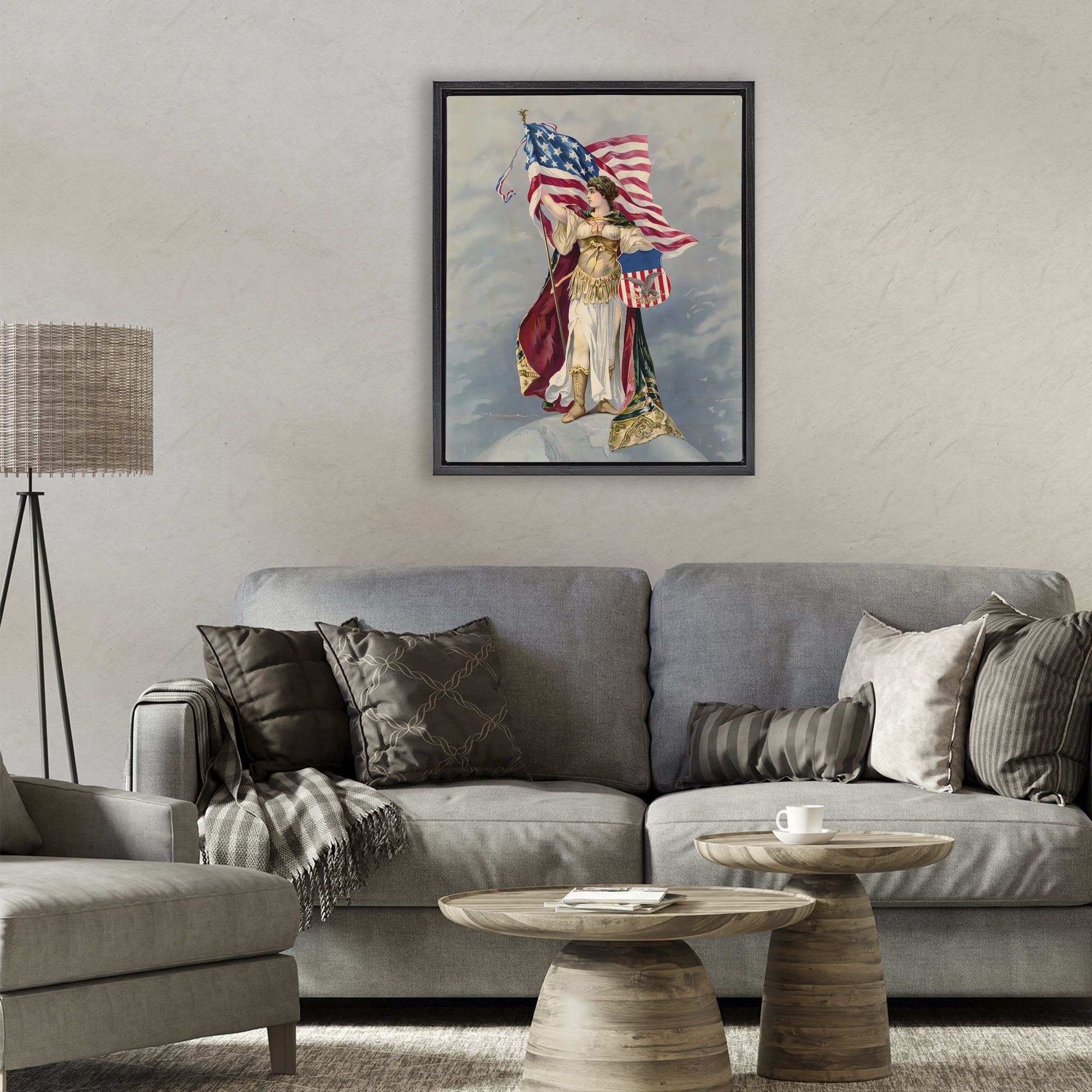Stupell Industries Columbia Standing with American Flag Black Framed Floater Canvas Wall Art, design by Arlington Prints