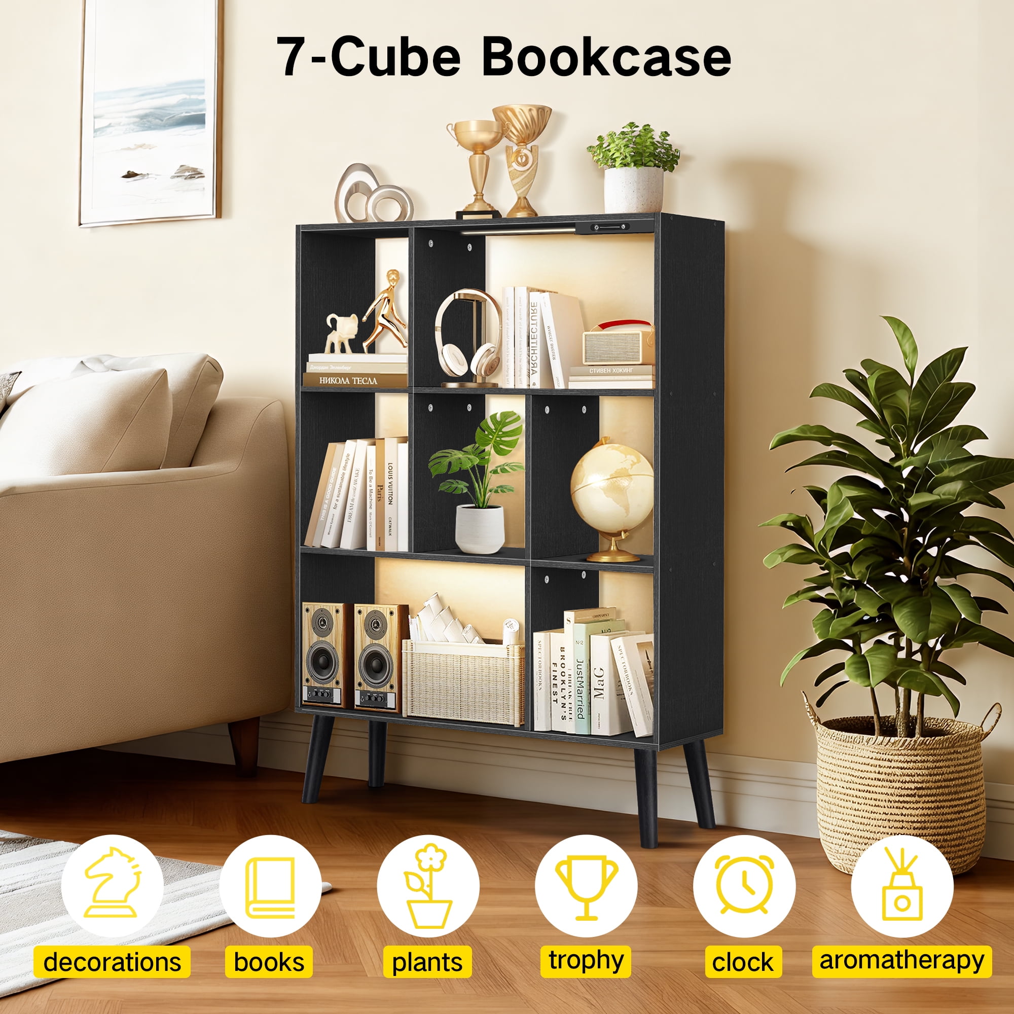 OUTONLIFE 7 Cube Storage Organizer,Open Bookshelf with Lights,Cube Storage Bookcase,Wood Bookcase for Living Room Office,Black