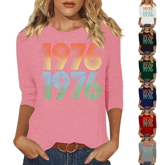 Women's Casual Tees Crew Neck 3/4 Length Sleeve 1976 Graphic Print Pullover Tops Vintage Birthday T Shirts (XL, Pink)