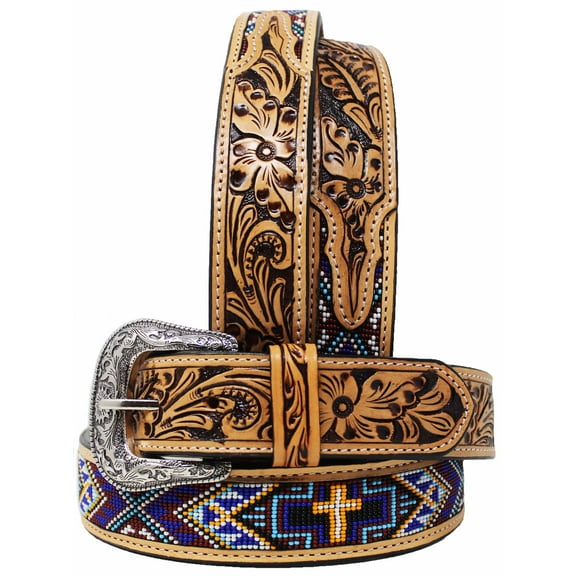 23-24 Western Floral Tooled Leather Beaded Belt 26FK29C