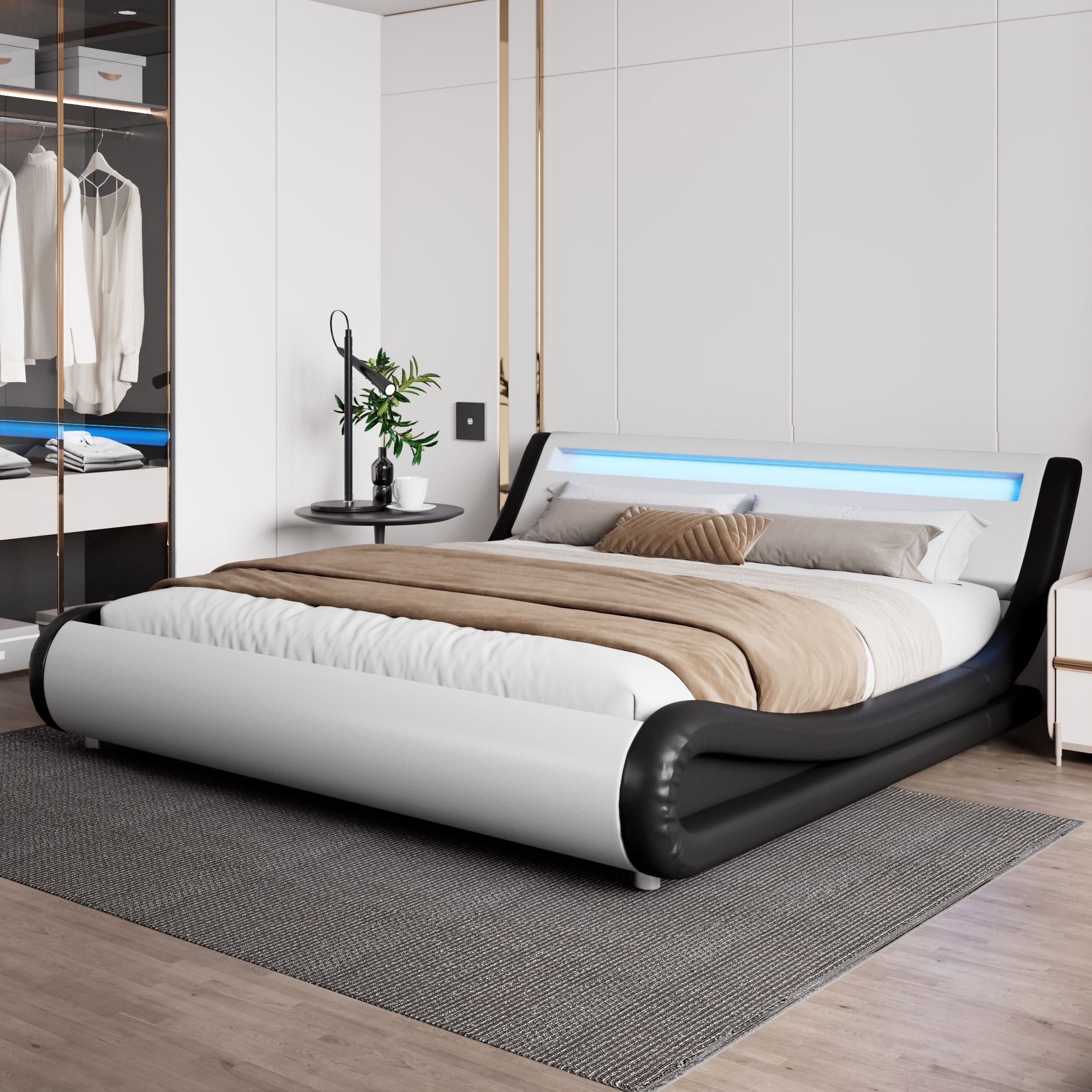 Amolife King Size Wave-like Curve Deluxe Upholstered Modern Bed Frame with LED Headboard, Black+White