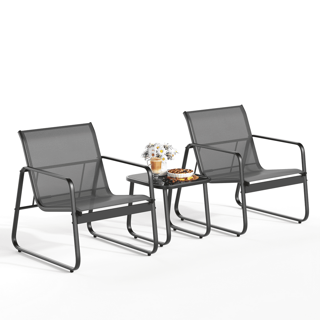 Aiho 3 Pieces Patio Furniture Set,Textilene Modern Conversation Black Set with Tea Table for Home,Lawn,Balcony and Bistro - Black