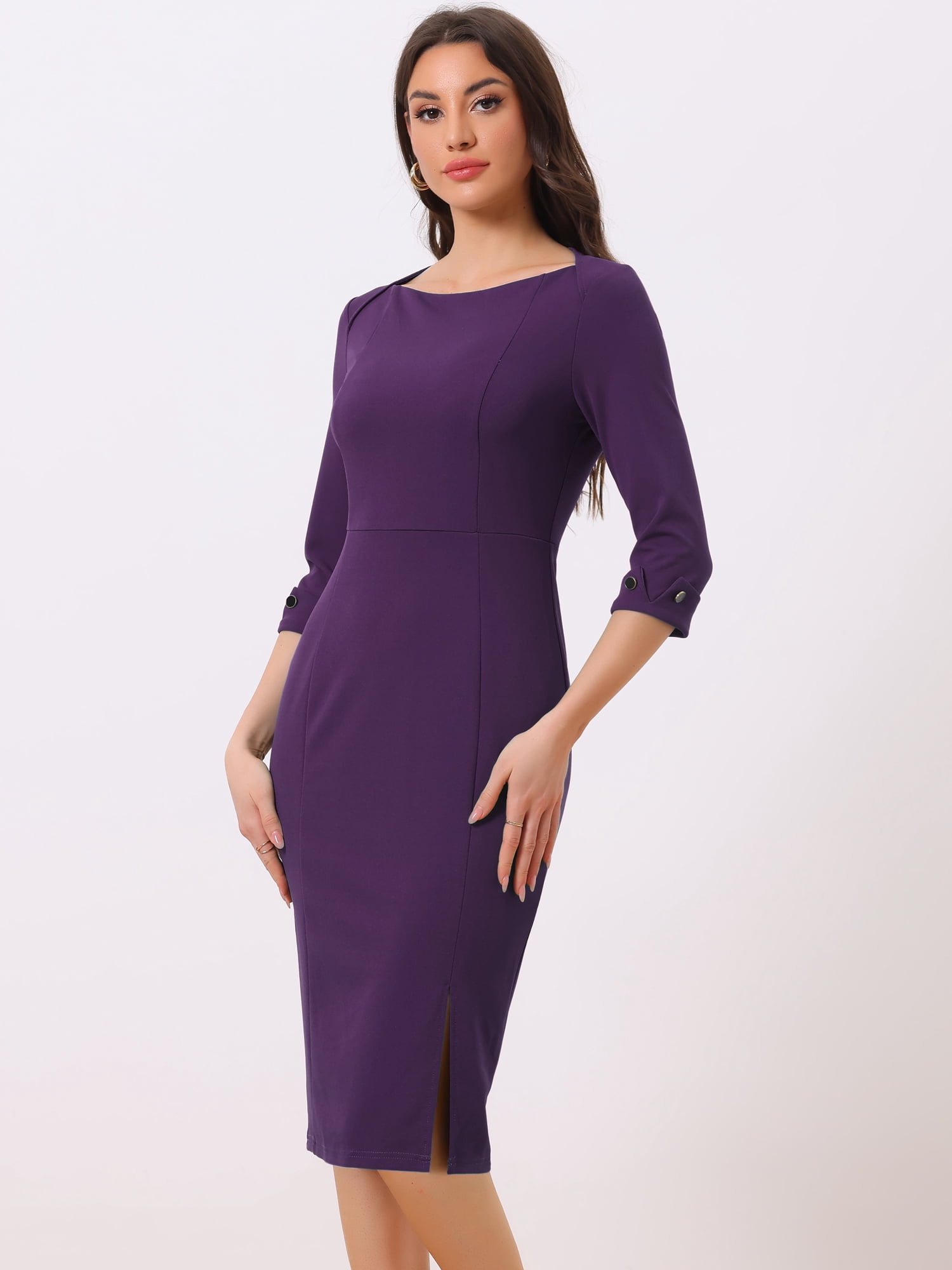 DARING DIVA Elegant Boat Neck 3/4 Sleeves Midi Split Sheath Dress L Purple