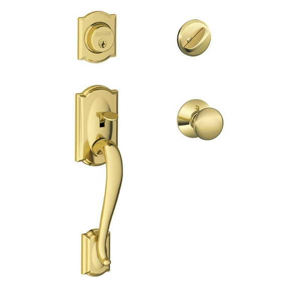 SCHLAGE Camelot Single Cylinder Handleset and Plymouth Knob, Bright Brass F60 CAM 505 PLY 605