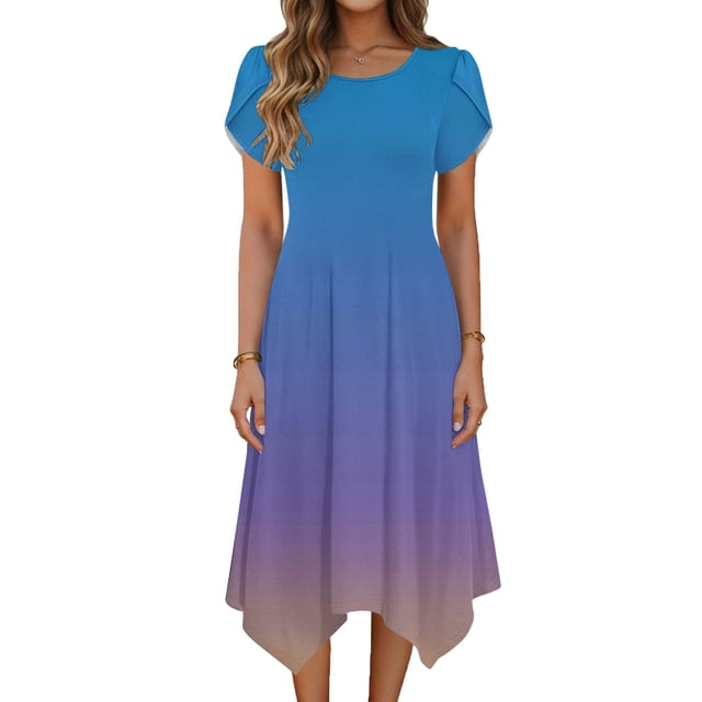 TaTaai Women's Casual Gradient Print Round Neck Short Sleeve Dress with Ruffle Sleeves Irregular Hem Fashion Midi Dress Soft Breathable Fabric for Spring Summer Daily Life Gift