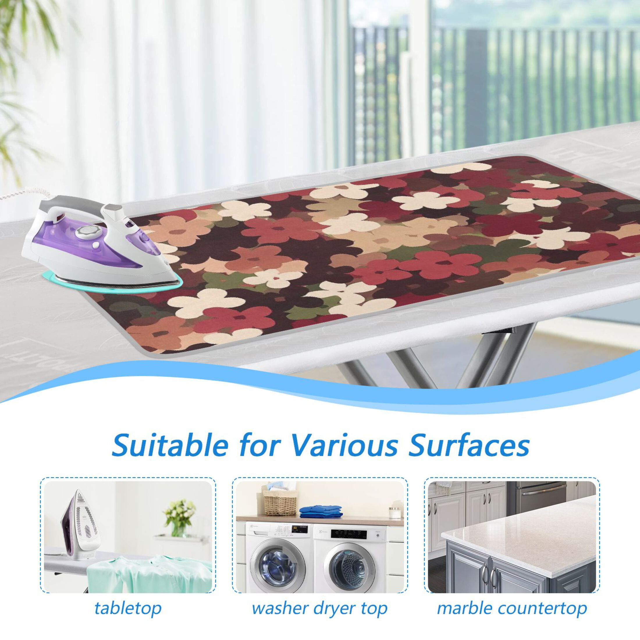 Brown and Colorful Flowers Ironing Mat Blanket for Table Top Travel Portable Ironing Board Pad 47.2x27.6 Inch