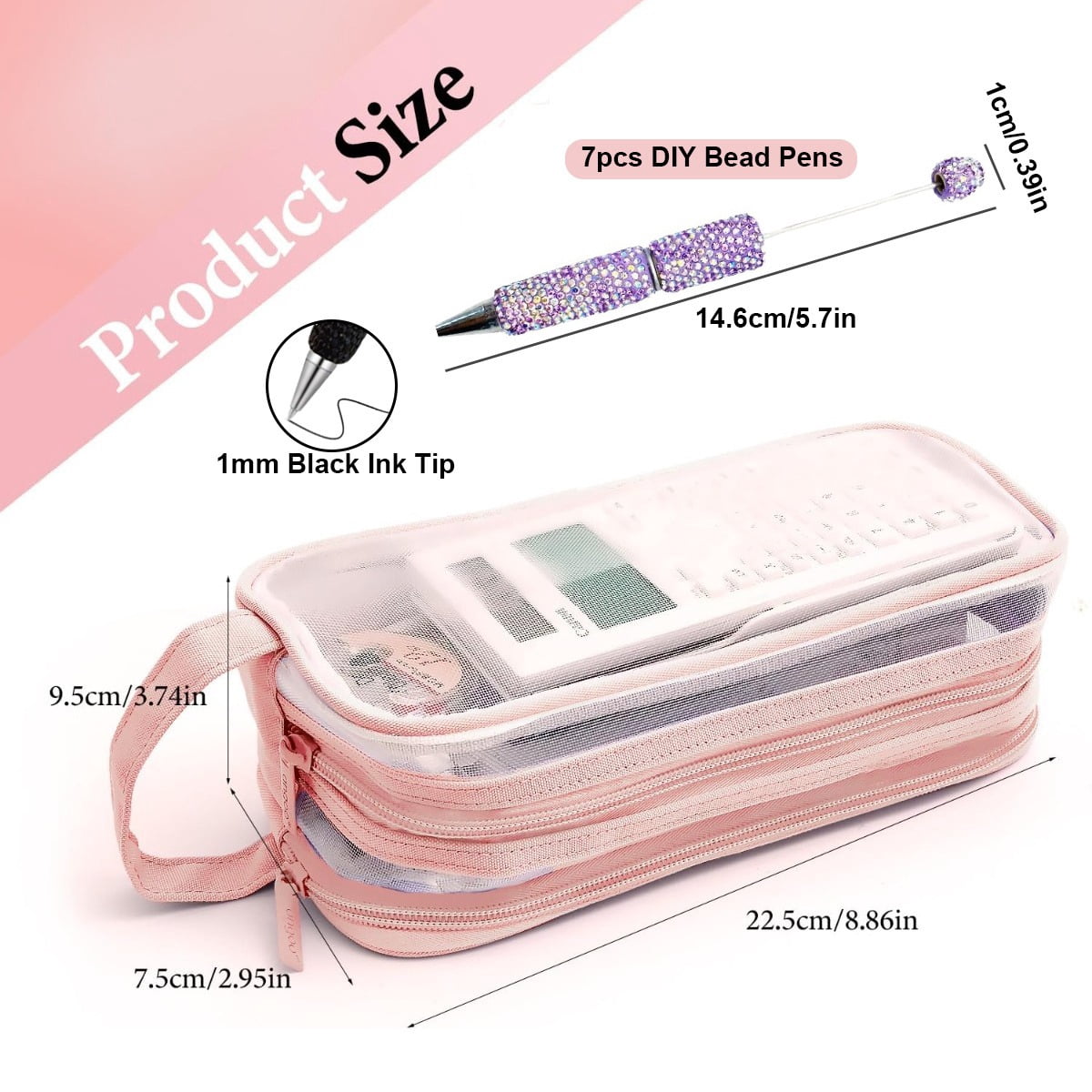 8pcs Pencil Case and Pens Set, 1 Large-capacity Mesh Pencil Case and 7pcs Glitter Rhinestone Beadable Pens Bulk Set, Clear Pen Pouch with Zipper and Handle, Multifunctional Stationery Bag and Pen Set