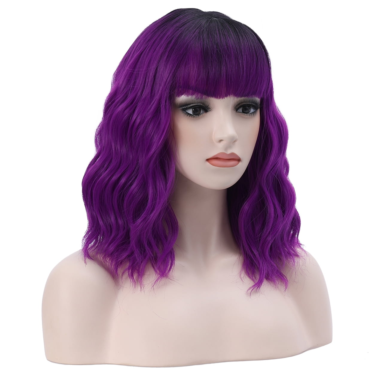 BERON Black Ombre Purple Wigs Short Curly Bob Wig with Bangs Wavy Hair Wigs 14 Inches Women's Synthetic Wigs Daily Party Use