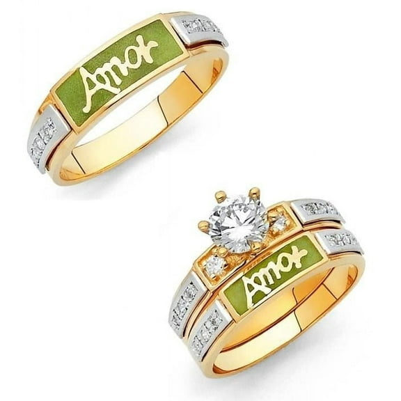 14k Two Tone Gold 1 ct CZ Green Enamel Solitaire Wedding Ring Trio Set