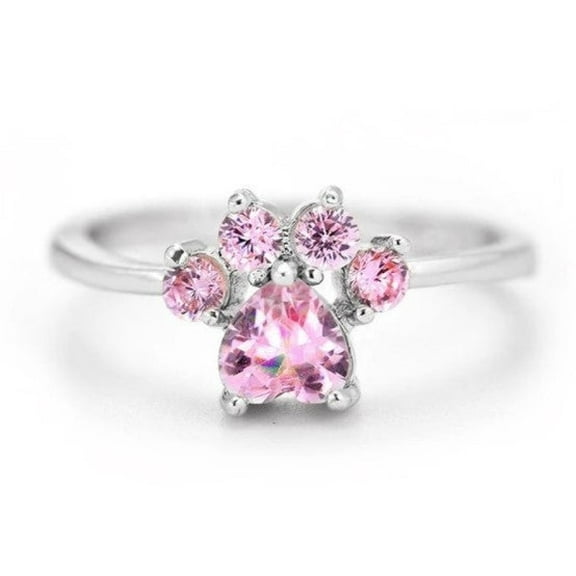 Adjustable Cat Paw Footprint Zircon Ring, Animal Design Copper Ring, Electroplated, Alloy Inlaid Artificial Gems, Fashion Jewelry for Women, 15mm