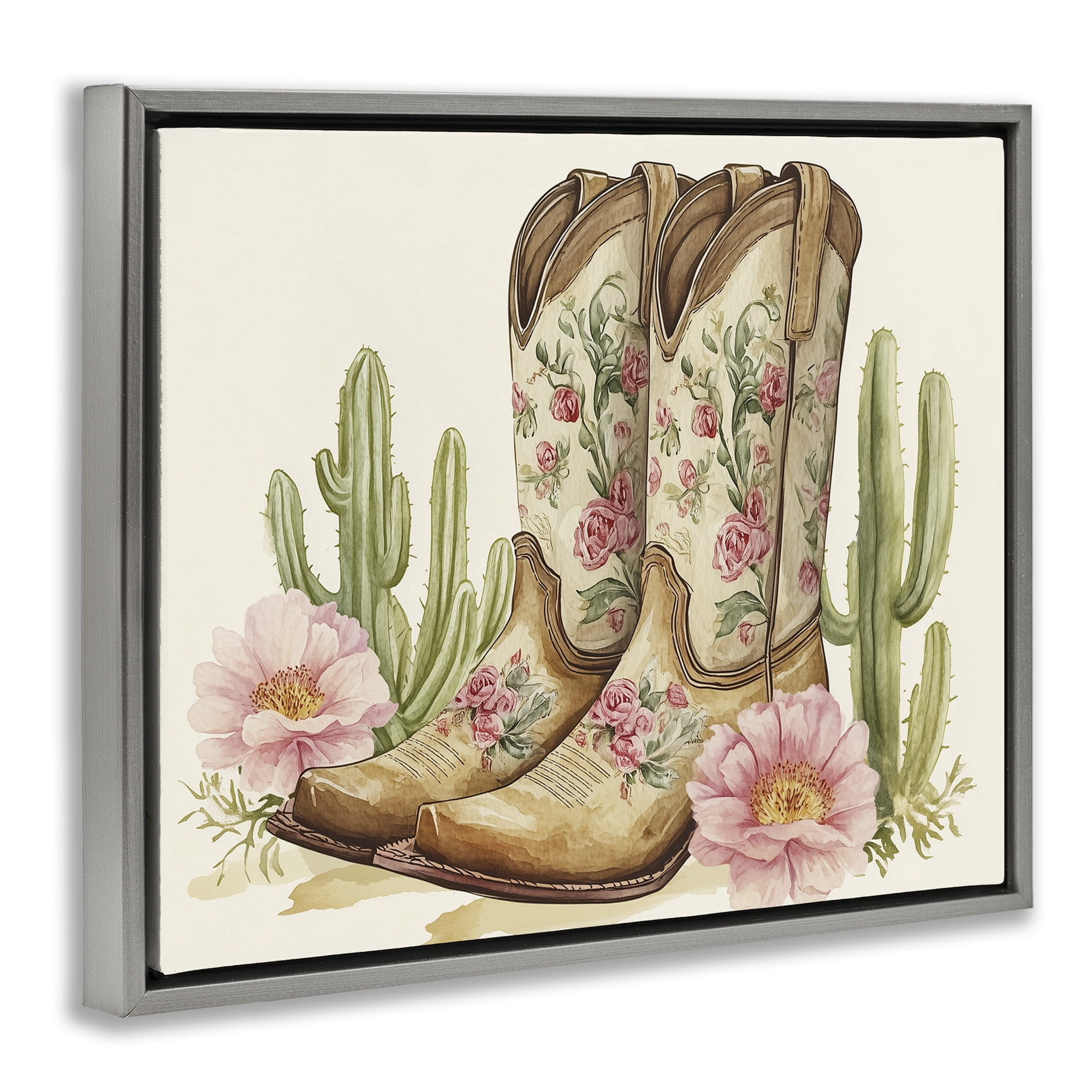 Stupell Industries Floral Boots & Cactuses Gray Framed Floater Canvas Wall Art, design by Heidi Kuntz
