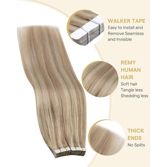 JINYUN-Tape in Hair Extensions Real Human Hair Invisible Remy Human Hair Straight Tape Ins Double Sided Ash Blonde Highlight Bleach Blonde 16 inch 10Pcs 25G