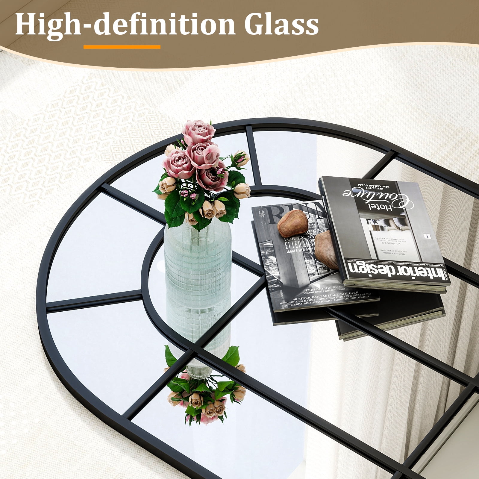 Easy4Home 40" x 30" Windowpane Arched Mirror Decorative Grid Wall Mirror, Black