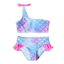 GYRATEDREAM Kid Girls Bikini Swimsuit Two Piece Outfit Teen Mermaid One Shoulder Ruffle Swimwear Cut out Bathing Suits Set for 7-14 Years