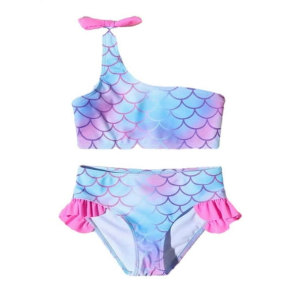 GYRATEDREAM Kid Girls Bikini Swimsuit Two Piece Outfit Teen Mermaid One Shoulder Ruffle Swimwear Cut out Bathing Suits Set for 7-14 Years