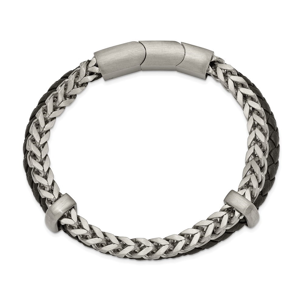 Diamond2Deal Stainless Steel Brushed Chain and Black Braided Leather Bracelet for Men with .5 In Ext 8"
