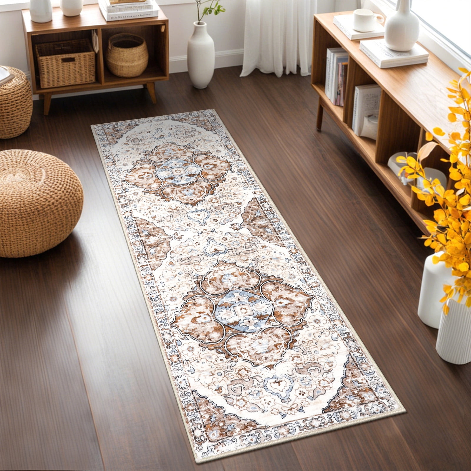 MeyJey Boho Indoor Hallway Runner Rug 2'x6', Oriental Non Slip Machine Washable Area Rug Distressed Vintage Floor Carpet for Bedroom Kitchen Dinning/Living/Laundry Room, Beige/Brown
