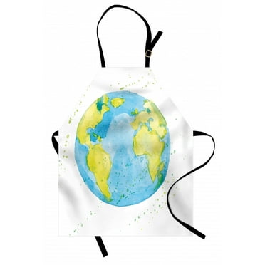 Earth Apron Hand Drawn Watercolor Style Earth Kids Art with Color Stains, Unisex Kitchen Bib Apron with Adjustable Neck for Cooking Baking Gardening, Pale Blue Yellow Pistachio Green, by Ambesonne