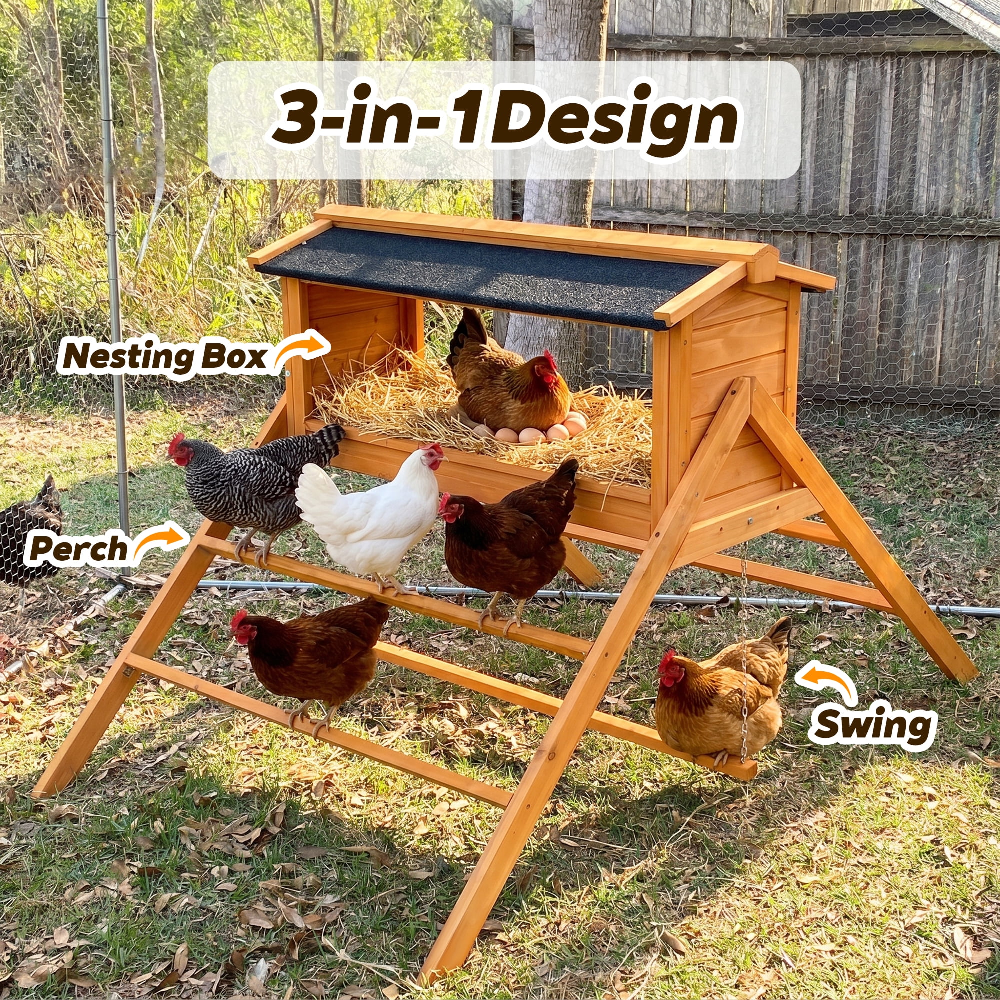 Wooden Chicken Nesting Box with Asphalt Roof, Perch and Swing, Waterproof Poultry Nesting House for Chicken Coop